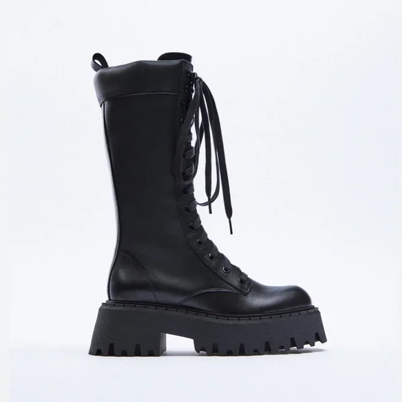 Zara | Shoes | Zara New Laced Leather Boots With Threaded